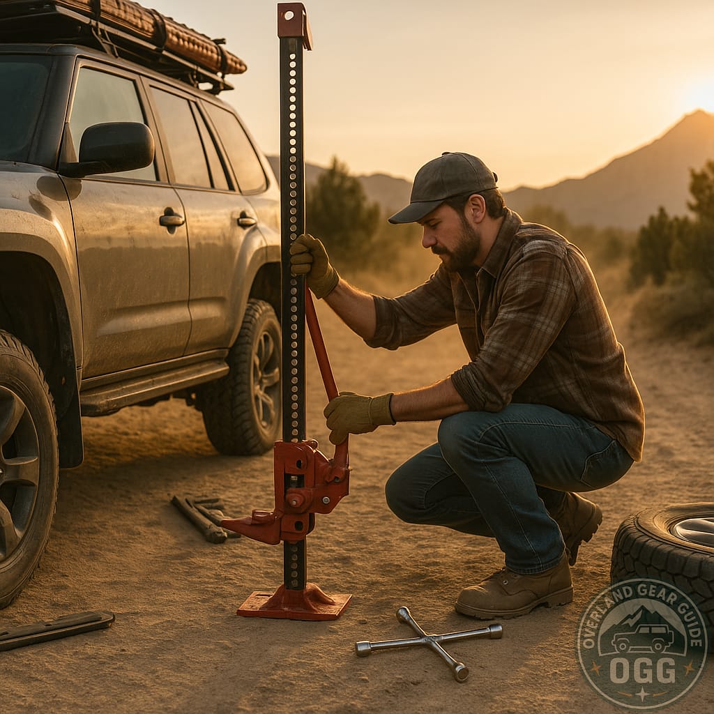Home - Overland Gear Reviews 140 An overlander preparing to use a high-lift jack to repair a blown tyre in the bush