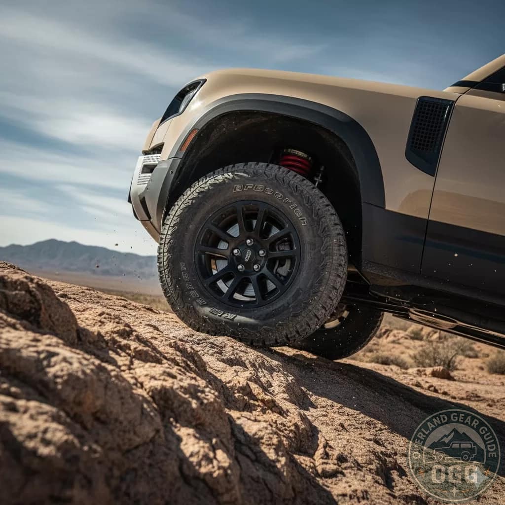 Aired-down 4x4 tyre flexing over rock to maximise traction (overlanding tyre pressures guide)