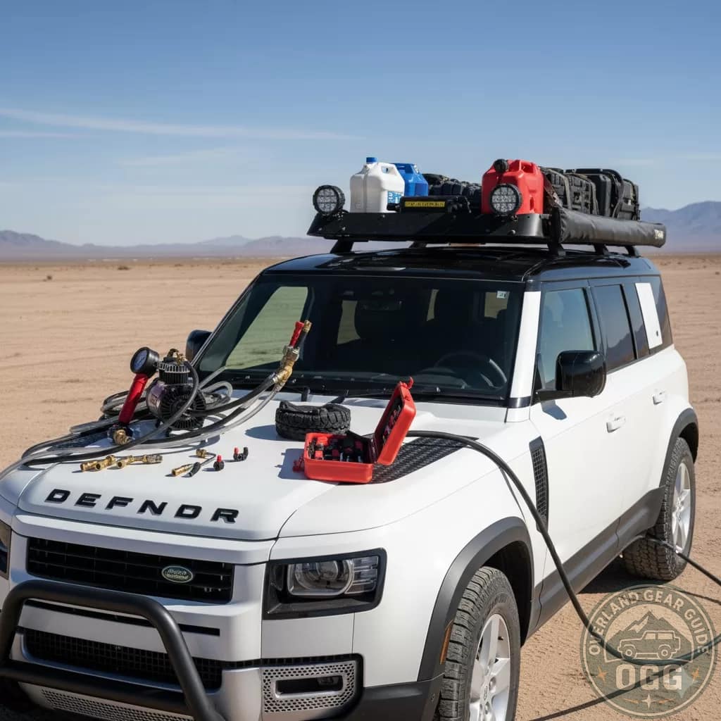 A land rover in desert with air compressor and other inflating gear on the bonnet