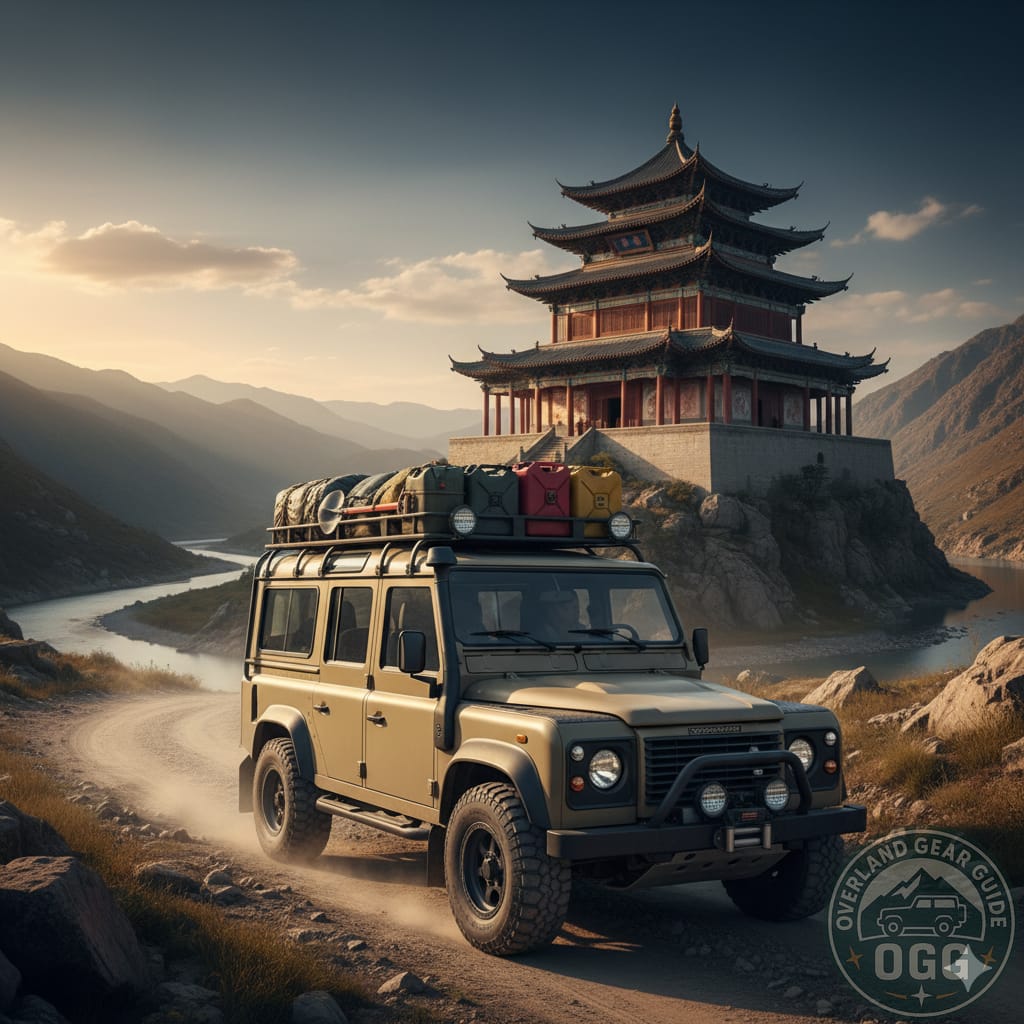 A fully-equipped Land Rover Defender drives past a historic Chinese building, symbolizing one of Asia's Overlanding Routes like the Silk Road.
