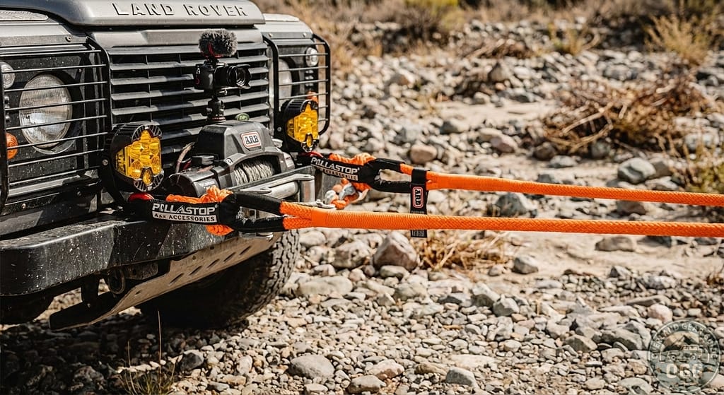 A close-up shot of the front of a grey Land Rover Defender, equipped for off-road expeditions. It features a heavy-duty bumper, a winch, and auxiliary lights. Two orange kinetic recovery ropes, each connected with a soft shackle, are attached to the front of the vehicle. The ropes lead out of frame to the right. The vehicle is parked on a rocky, dry terrain, suggesting an off-road or wilderness setting.