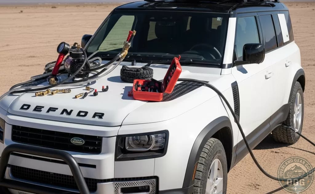 A land rover in desert with air compressor and other inflating gear on the bonnet