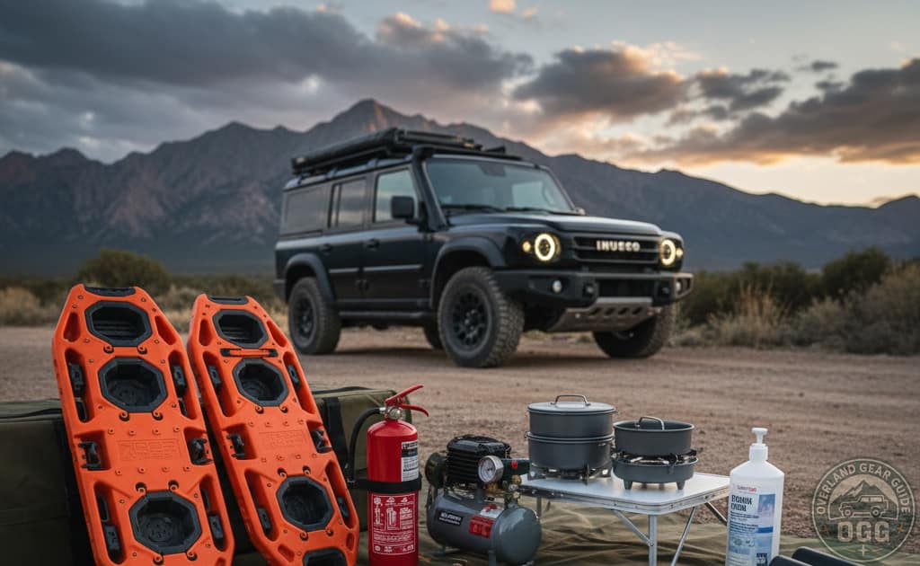 A close-up of essential off-roading gear including orange recovery boards, a kinetic rope, compressor, fire extinguisher, and tool roll on a mat. A dark Ineos Grenadier and mountains are in the background essential gear loadout