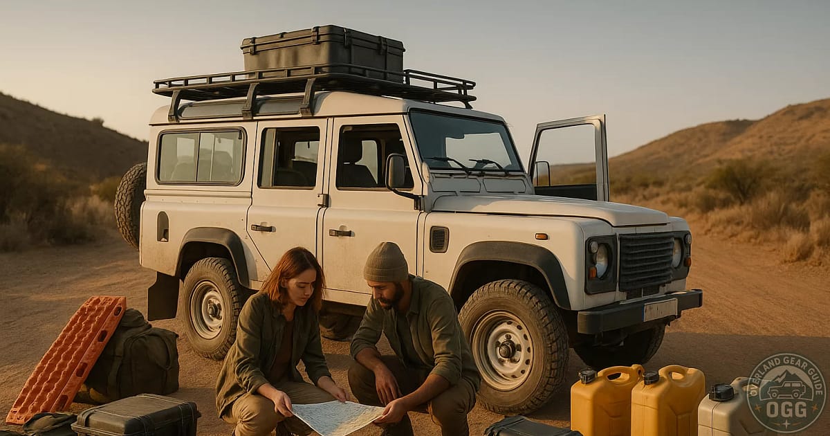 couple with there overlanding gear ready to pack into the land rover defender