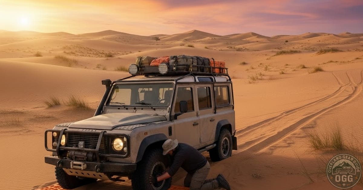 Land rover defender in the desert and the driver is airing down his tyres preparing for sand driving technique