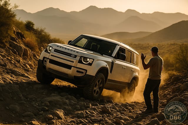 White Land Rover Defender climbing a rocky incline through muddy ruts with a shallow water crossing ahead as a spotter guides from the side—intermediate Off-Road Driving Skills