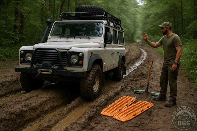 Safe 4x4 Rut Driving a White classic Land Rover Defender navigating deep muddy ruts on a forest trail in daylight, guided by a spotter using standard hand signals; traction boards and shovel staged beside the track for recovery