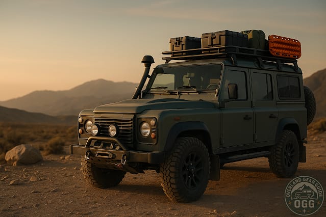 Expedition-prepared Land Rover Defender 4x4 with roof rack, winch, spare tires and recovery gear on a mountain dirt track at sunrise.