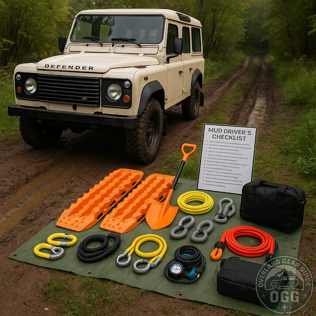 Classic Land Rover Defender 110 parked at a muddy forest trailhead in daylight; on a tarp the mud kit is laid out—traction boards, shovel, kinetic rope, rated soft shackles, tow strap, air compressor, tire gauge, gloves and recovery bags—featured image for ‘Mud Driver’s Checklist for muddy trails'