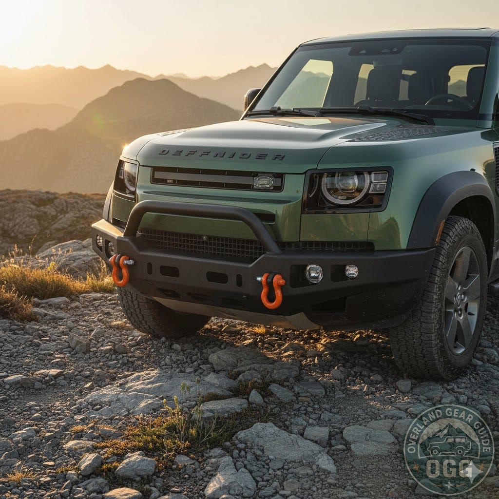 Land Rover Defender with clearly visible rated twin recovery points on a steel bumper
