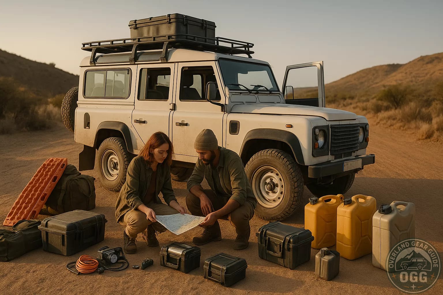Overlanding couple organizing recovery boards, tow strap, water and camp gear beside their expedition-ready Land Rover Defender 110 before a remote trip Expedition Planner Guide your ultimate trip setup tool for real 4WD adventures
