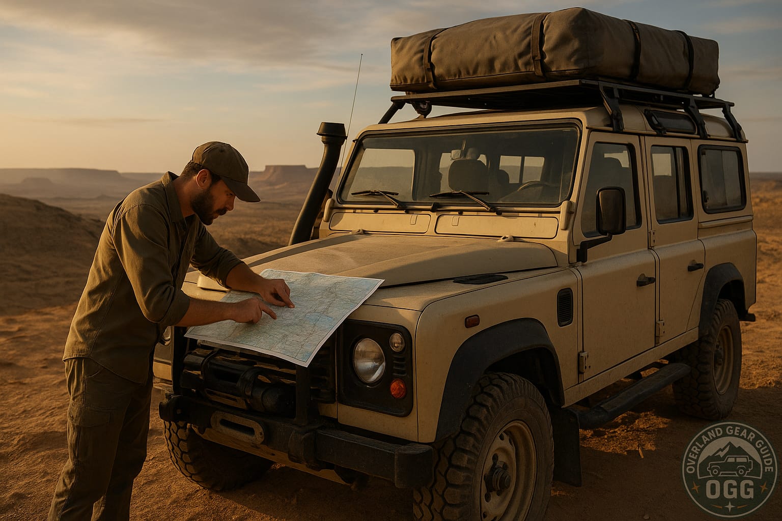 Expedition-ready 4x4 on a remote track, planning route with an expedition planner