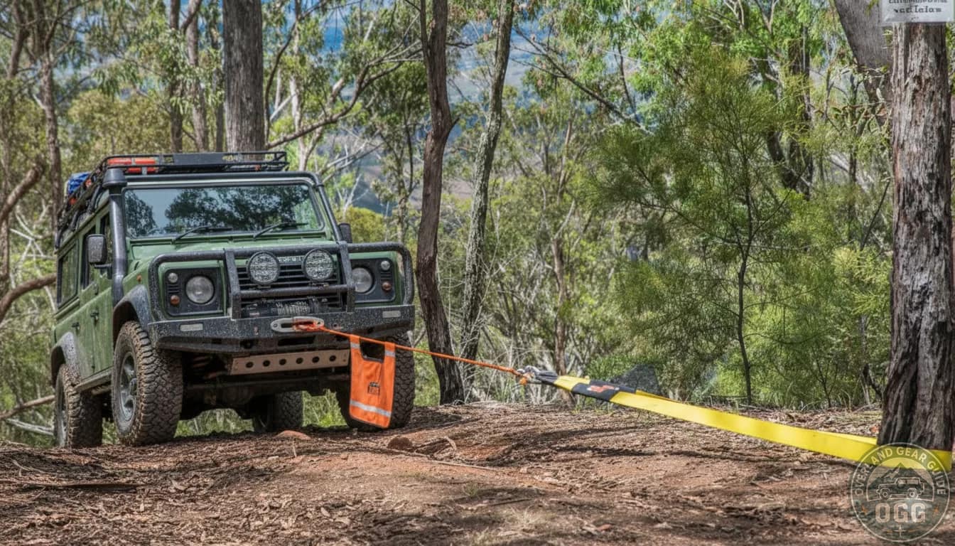 An expedition-ready Land Rover Defender 110 stuck in a deep mud rut, illustrating a 4WD recovery using a high-visibility orange snatch strap attached to its front recovery point.