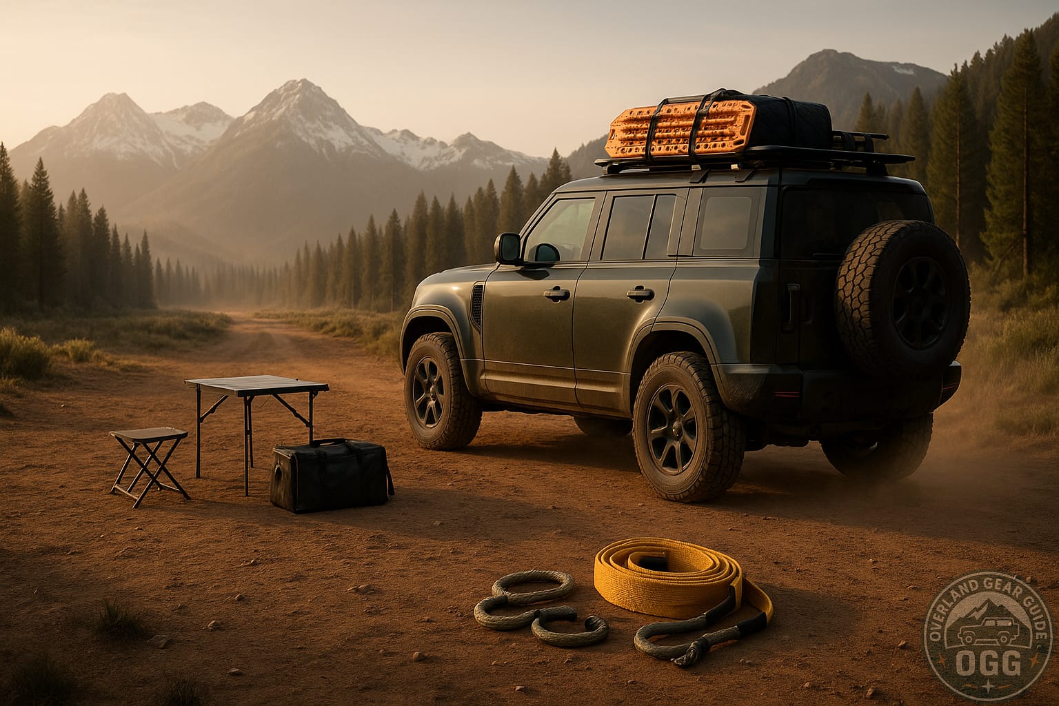 Rugged Land Rover Defender overland build driving a dusty mountain road at golden hour