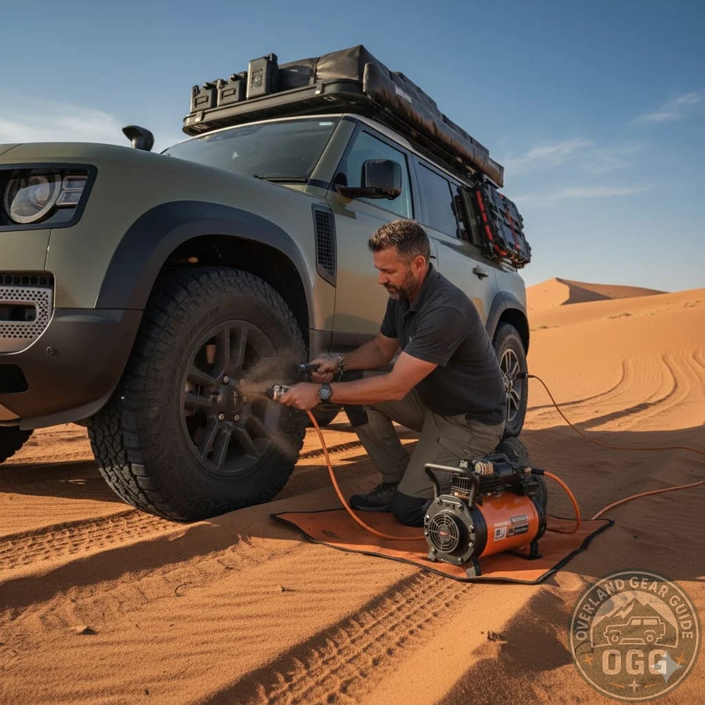 Overlander airing tyres down before hitting soft sand