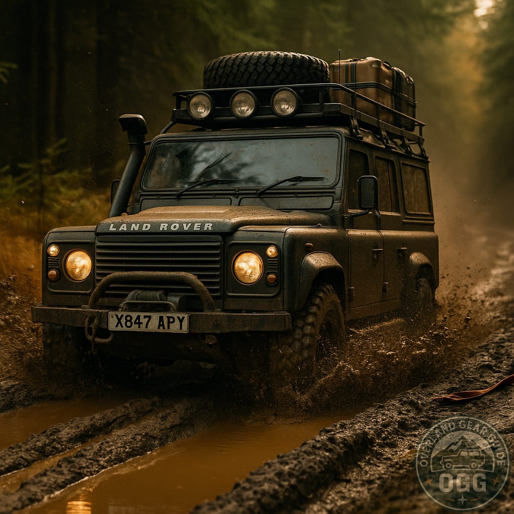 Defender 110 splashing through muddy ruts, snorkel and MT tyres, golden-hour action