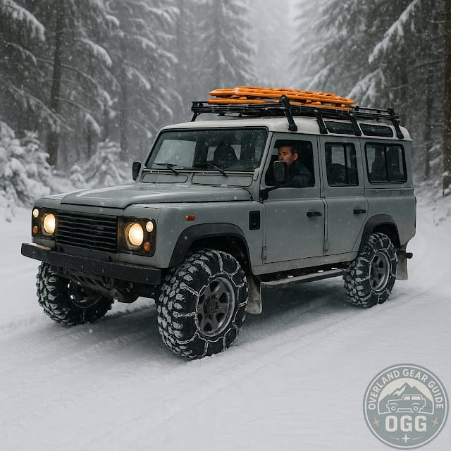 Land Rover Defender with chains driving a snowy forest trail; traction boards on the rack; light snowfall