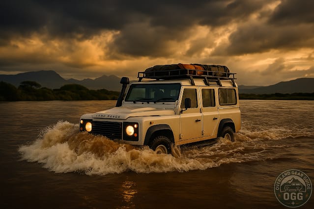 Defender with snorkel creating a controlled bow wave while fording a deep river at walking pace