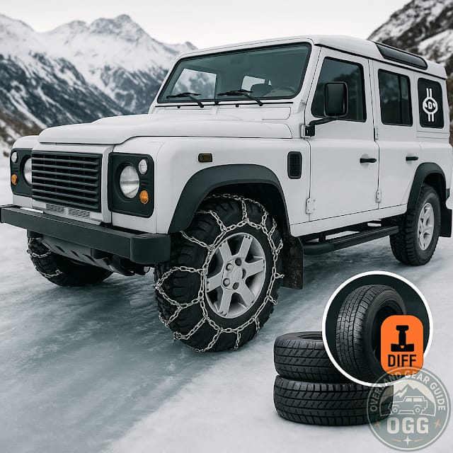 Land Rover Defender on an icy mountain trail with front chains; focus on chains, tyres, and lockers setup