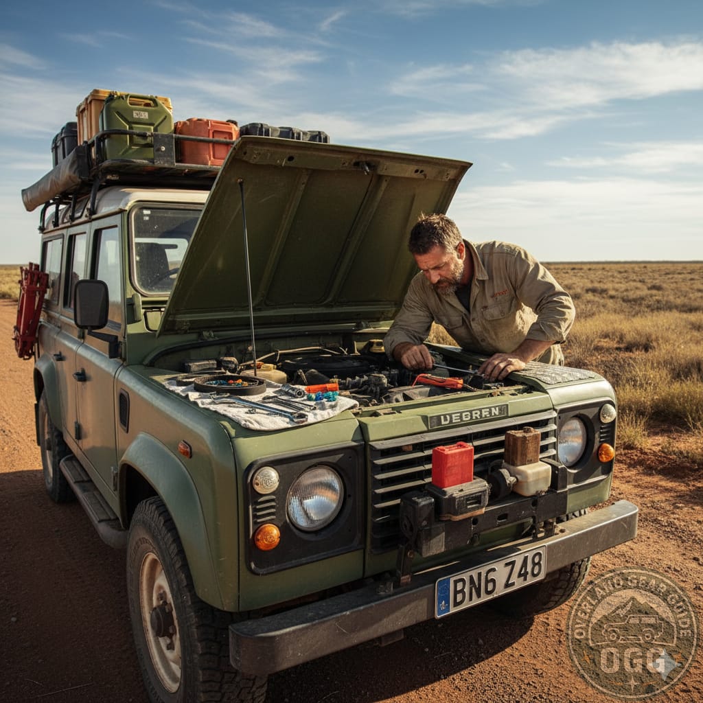 Overlander performing bush mechanic repairs trailside