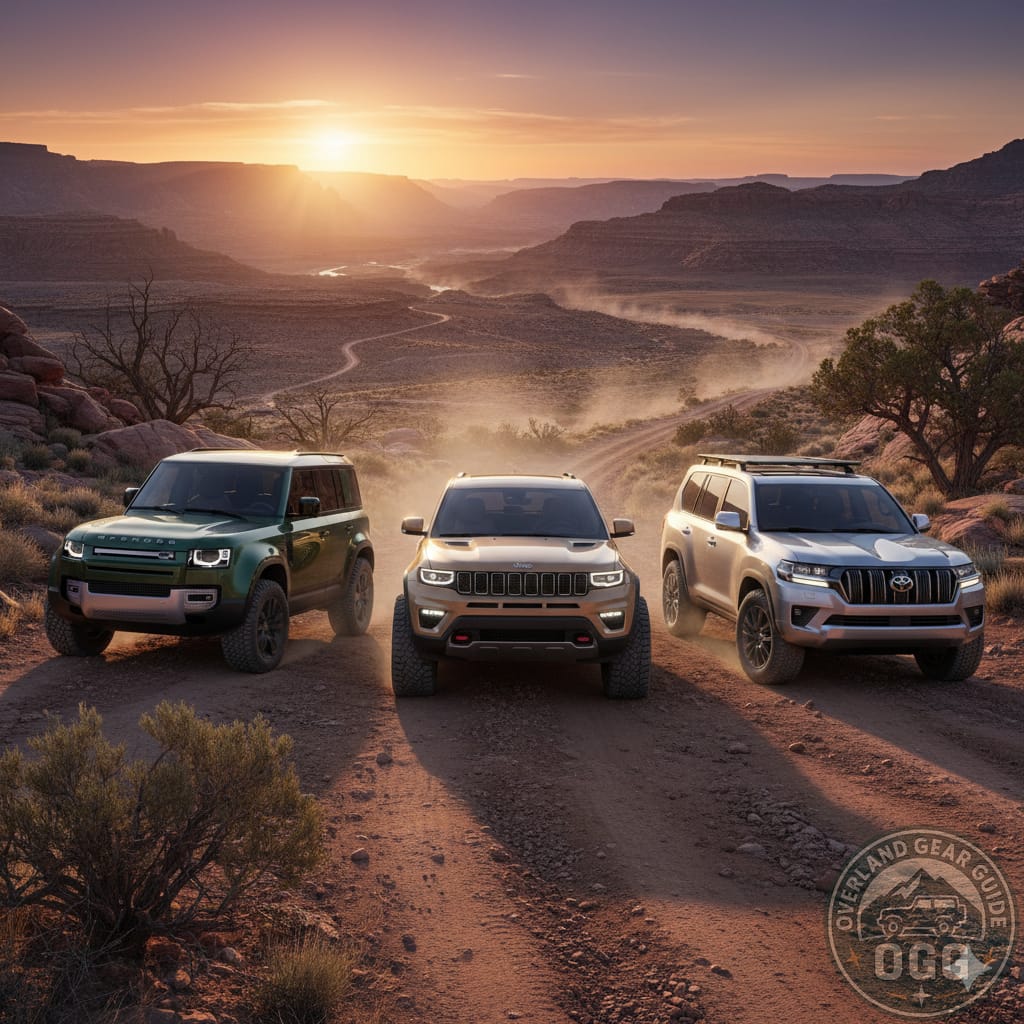 Stock 4x4 beginner off-road vehicle on a dirt trail with recovery gear and friends