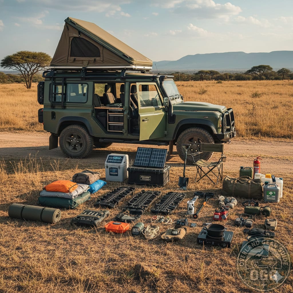 A Land Rover Defender 110 with rooftop tent and a complete overlanding gear list laid out on the ground, ready for an expedition.
