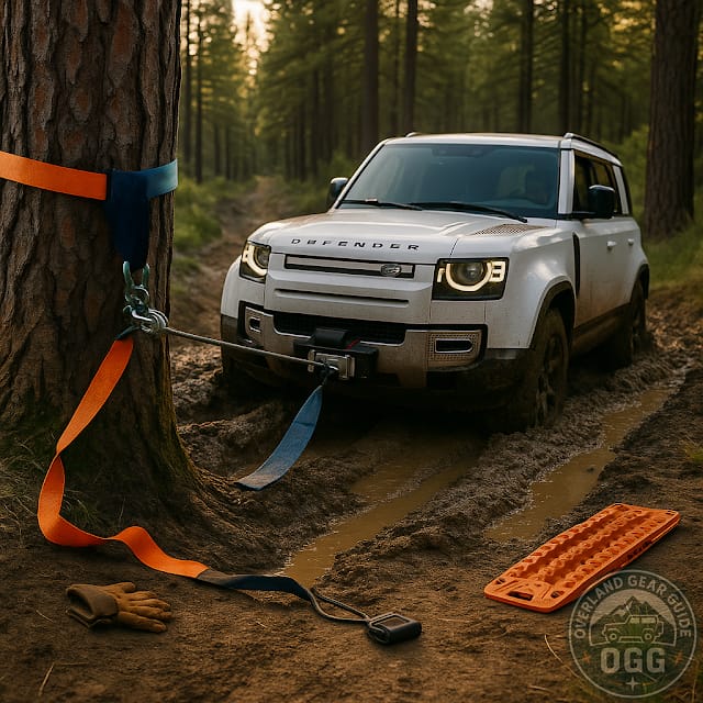 Defender winching from a deep rut via tree-saver and damper; traction boards staged for a safe recovery