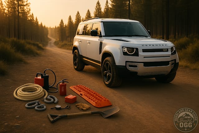 Beginner off-road rig at trailhead with basic 4WD gear laid out