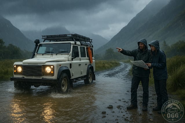 Overlanders evaluating a flooded track in heavy rain, reading flow, depth, and exit banks before deciding.