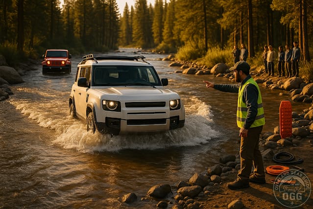 Instructor guiding a Land Rover Defender through a river crossing while a convoy waits—advanced off-road training