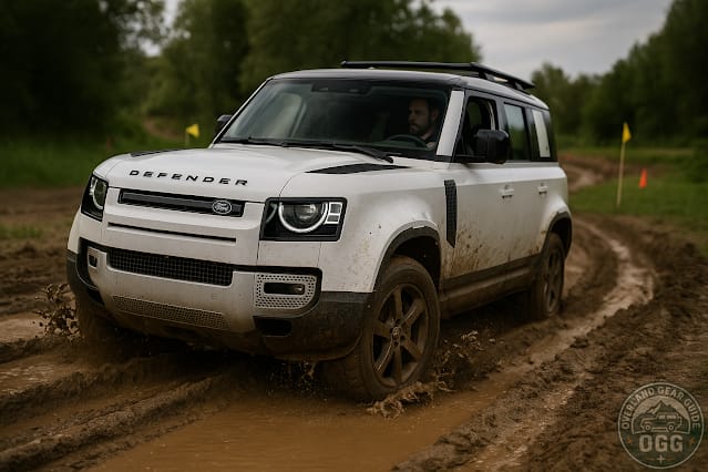 Land Rover Defender articulating through ruts on an off-road training course