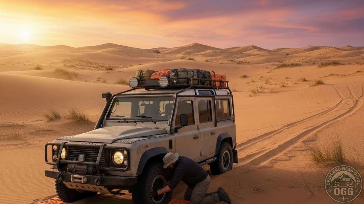 Defender driving confidently across a sandy beach with recovery support nearby
