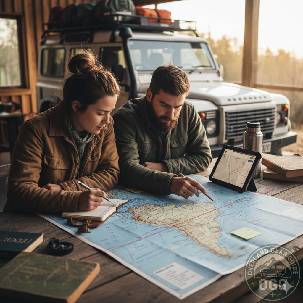 Overlander studying maps and navigation apps at a camp table, plotting an off-road route across varied terrain.