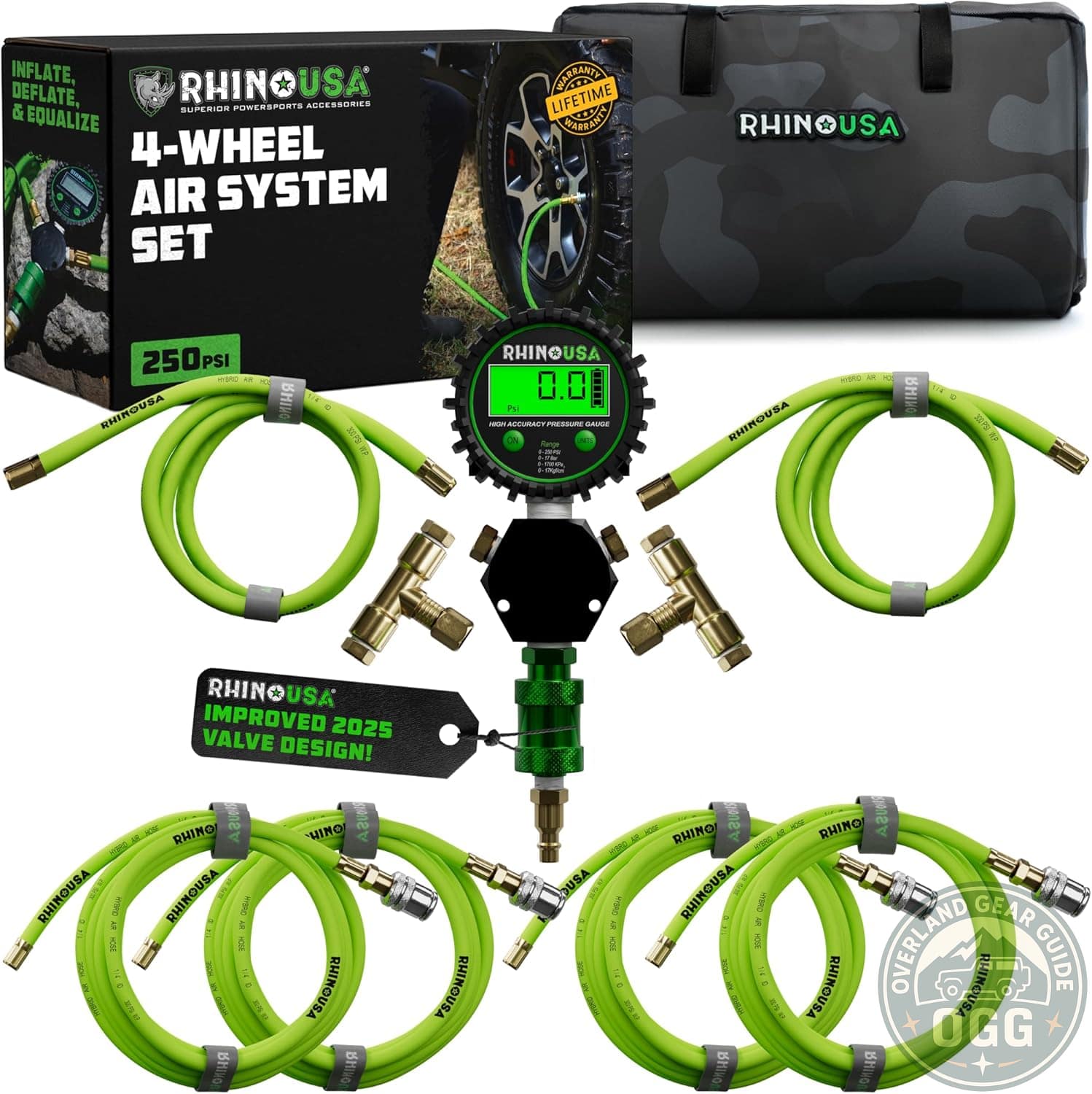 Rhino USA Ultra-Fast 4 Tire Inflation & Deflation System | 4-Way Hose Kit with On/Off Slide Valve | Fits 155" Wheelbase (Truck, Car, Trailer)