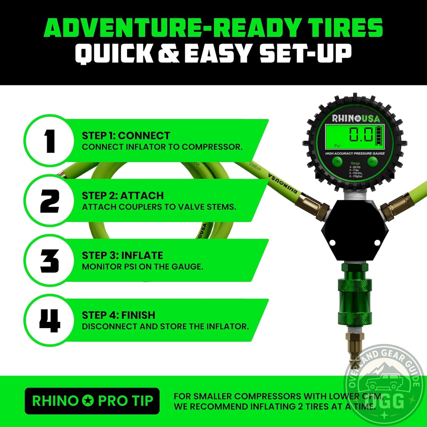 Rhino USA Ultra-Fast 4 Tire Inflation & Deflation System | 4-Way Hose Kit with On/Off Slide Valve | Fits 155" Wheelbase (Truck, Car, Trailer) - Image 6