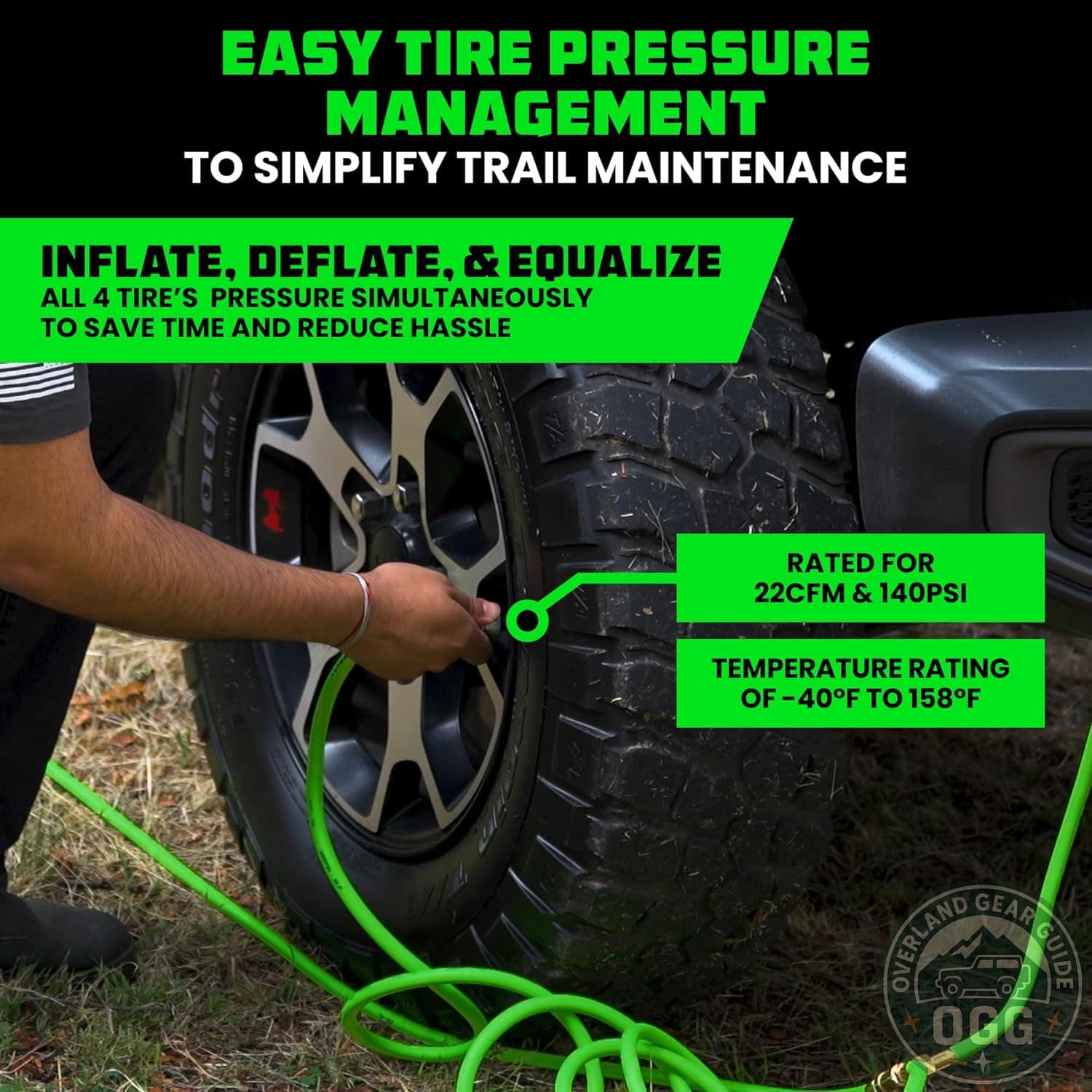 Rhino USA Ultra-Fast 4 Tire Inflation & Deflation System | 4-Way Hose Kit with On/Off Slide Valve | Fits 155" Wheelbase (Truck, Car, Trailer) - Image 2