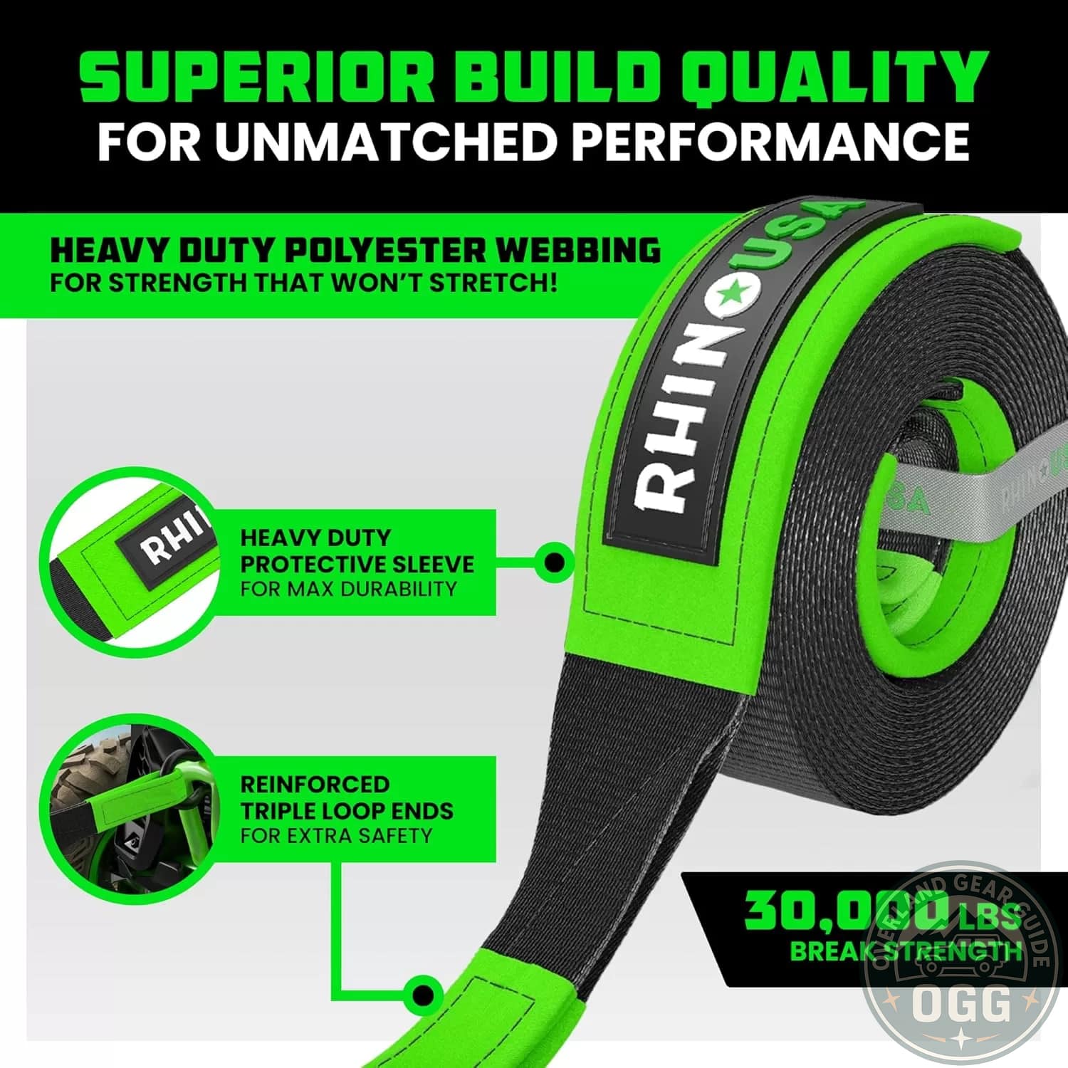 Rhino USA Heavy-Duty Recovery Strap (3″ x 20′) | 31,518lb Overland Gear Guide